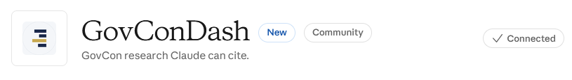 The GovConDash listing in the Claude connector directory, with its New and Community labels and a Connected button