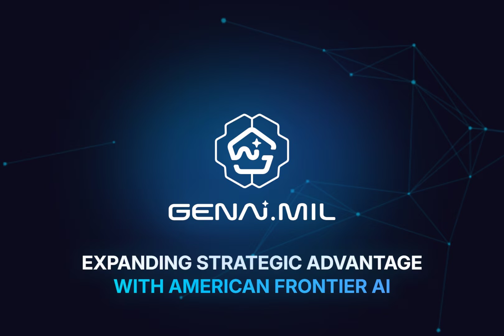 The GenAI.mil identity over a dark blue field of connected stars, a brain and pentagon logo above the words GENAI.MIL and the line Expanding Strategic Advantage with American Frontier AI