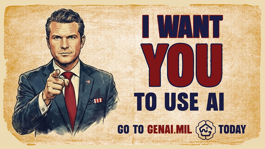 Department of War campaign poster in the Uncle Sam recruiting style, the Secretary of War pointing at the reader beside the words I WANT YOU TO USE AI, GO TO GENAI.MIL TODAY