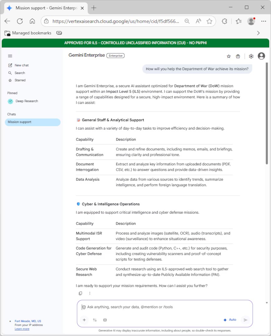 Screenshot of the GenAI.mil interface running Gemini Enterprise, with a green banner reading APPROVED FOR IL5, CONTROLLED UNCLASSIFIED INFORMATION (CUI), NO PII/PHI, answering the prompt How will you help the Department of War achieve its mission with tables of capabilities including drafting, document interrogation and data analysis