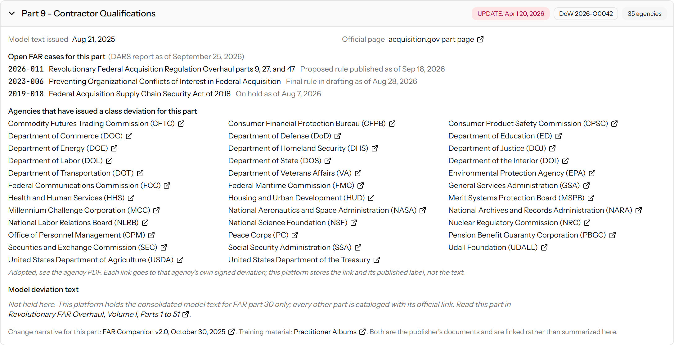 The FAR Overhaul sub-tab with Part 9, Contractor Qualifications, opened: the Department of War deviation, the open FAR cases for the part, and the agencies that have issued a class deviation for it.