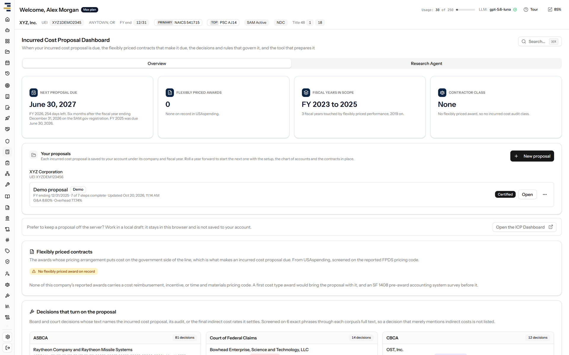 The ICP Dashboard: the next proposal due, the contractor class, the flexibly priced contracts and the saved proposals