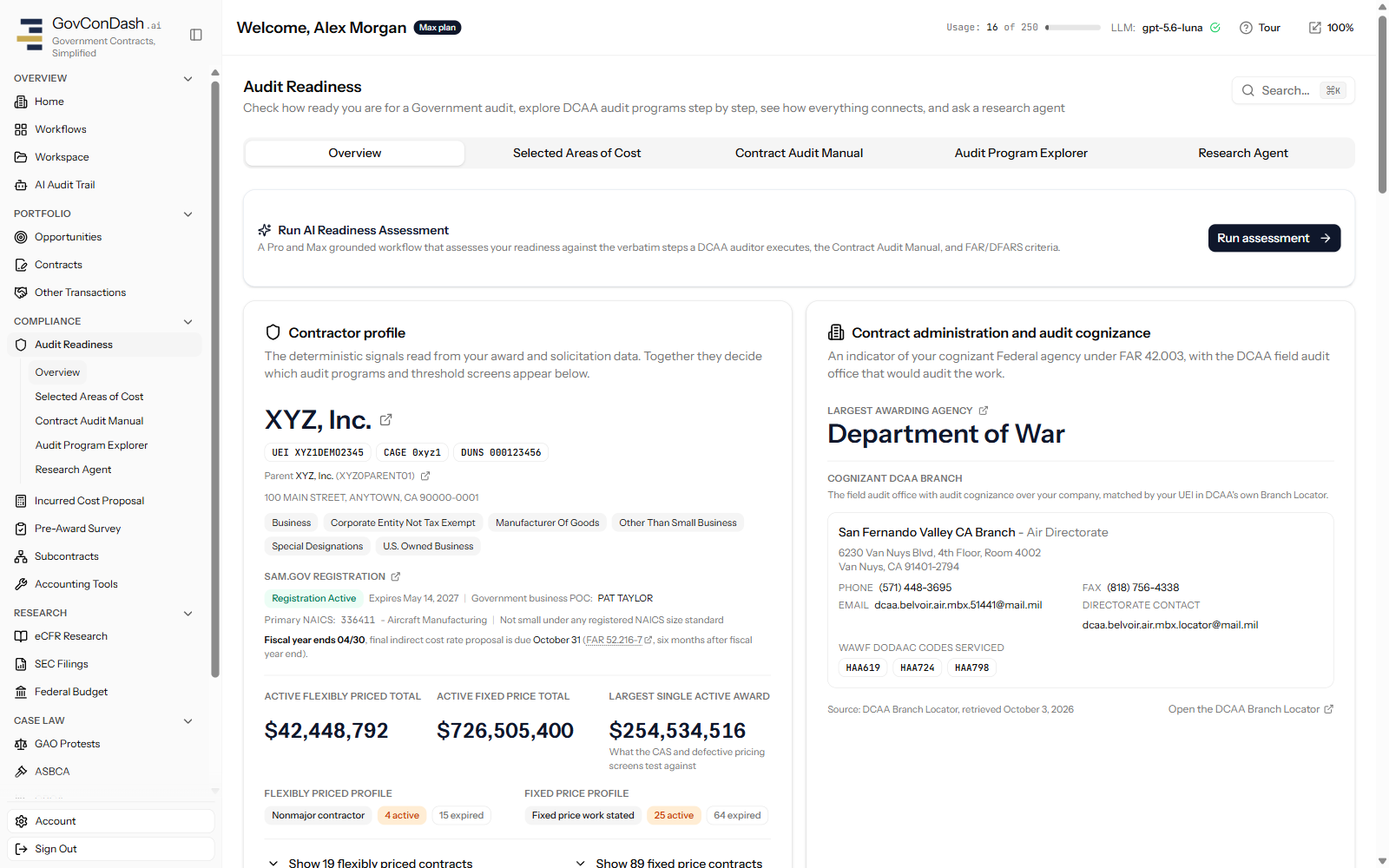 GovConDash Audit Readiness overview showing a contractor profile for a fictitious company and its cognizant DCAA branch