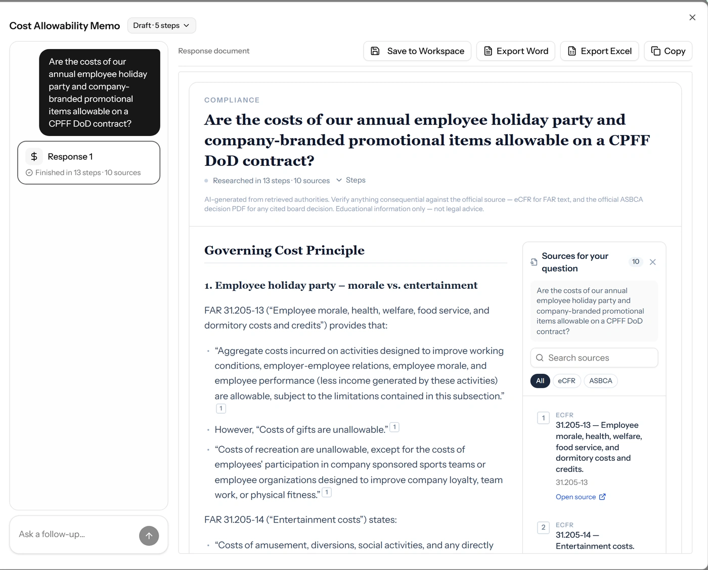 A completed Cost Allowability Memo workflow run: the drafted memo quotes FAR 31.205 with numbered citations beside the list of sources the agent retrieved, with Word and Excel export
